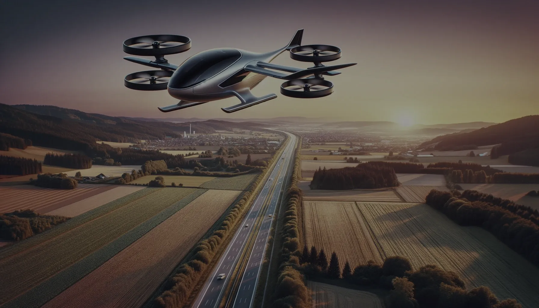 Electric air taxi flying over farmland at sunset