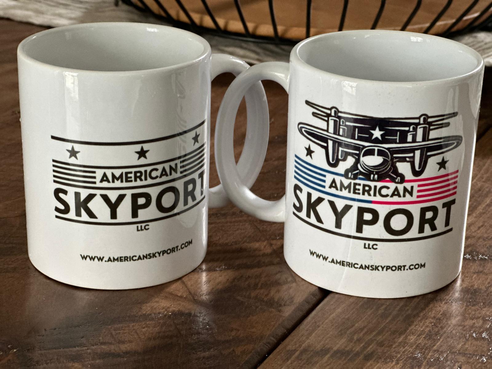 Two American Skyport mugs on a wooden table