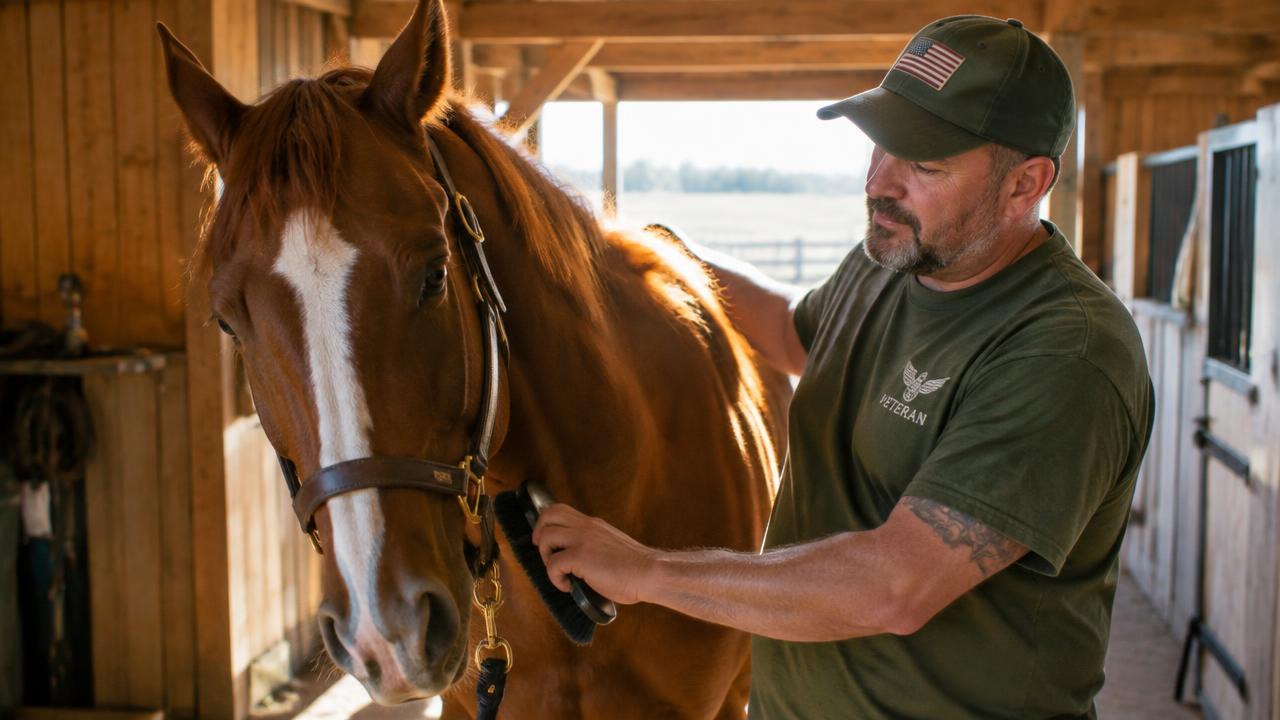 Veteran grooming a horse in a barn