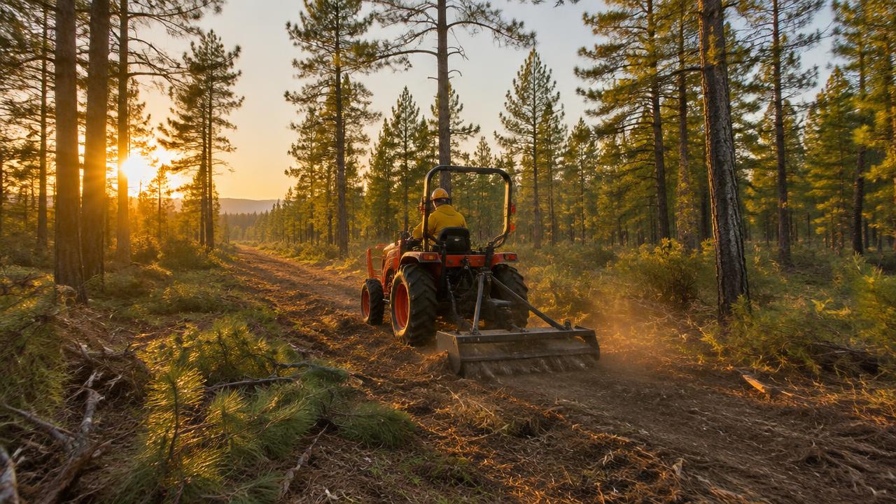 Tractor clearing a firebreak in a pine forest