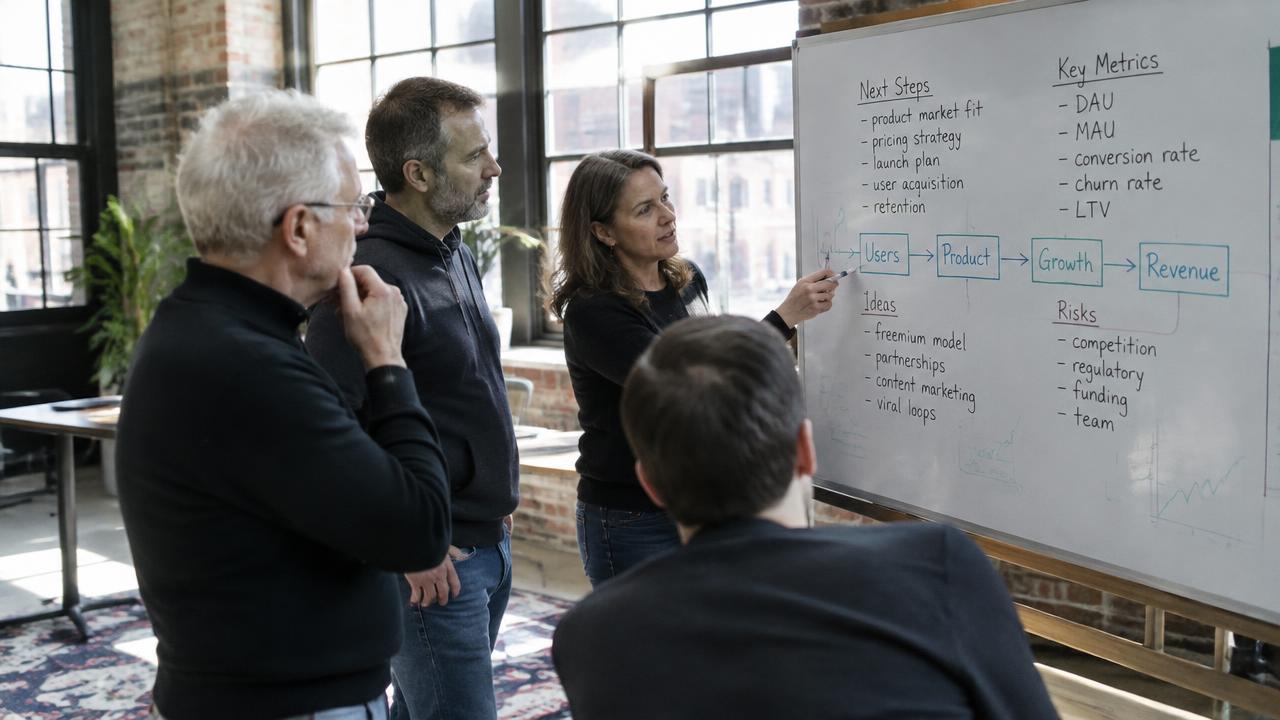 Veteran founders planning at a whiteboard