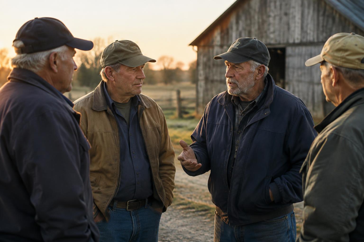 A group of veterans talking outside a barn at sunset