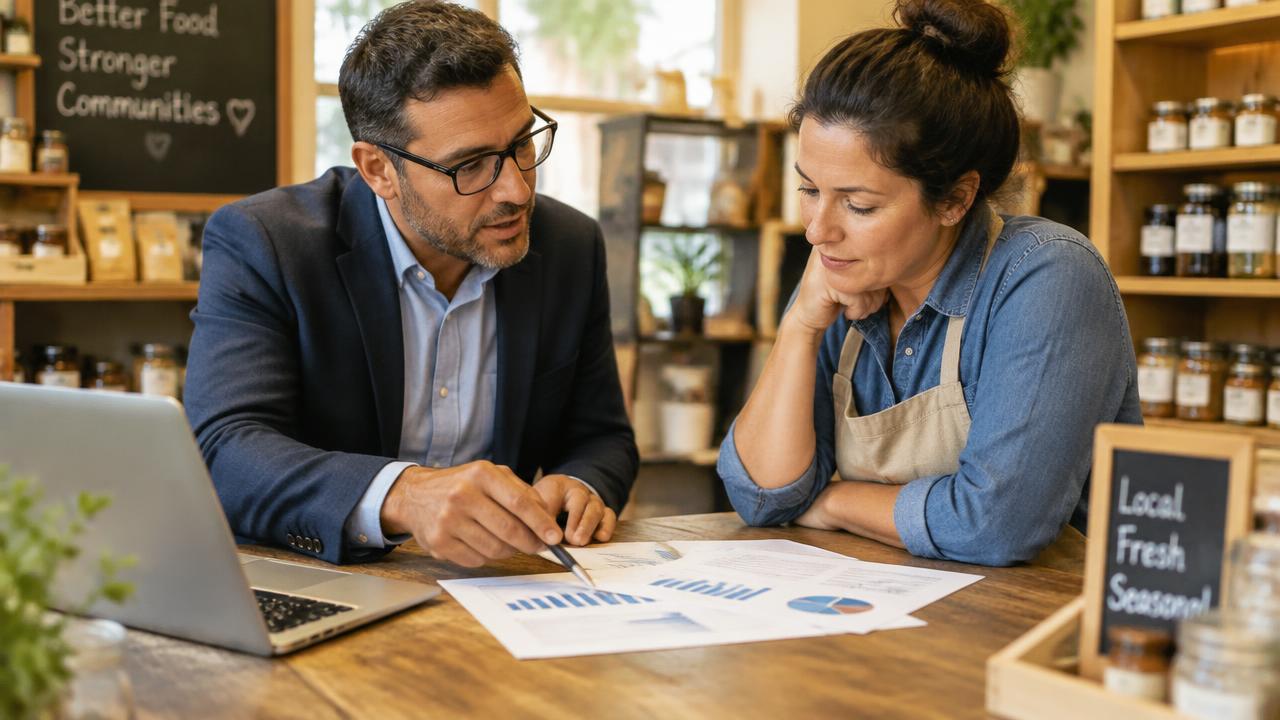 Business advisor reviewing a plan with a shop owner