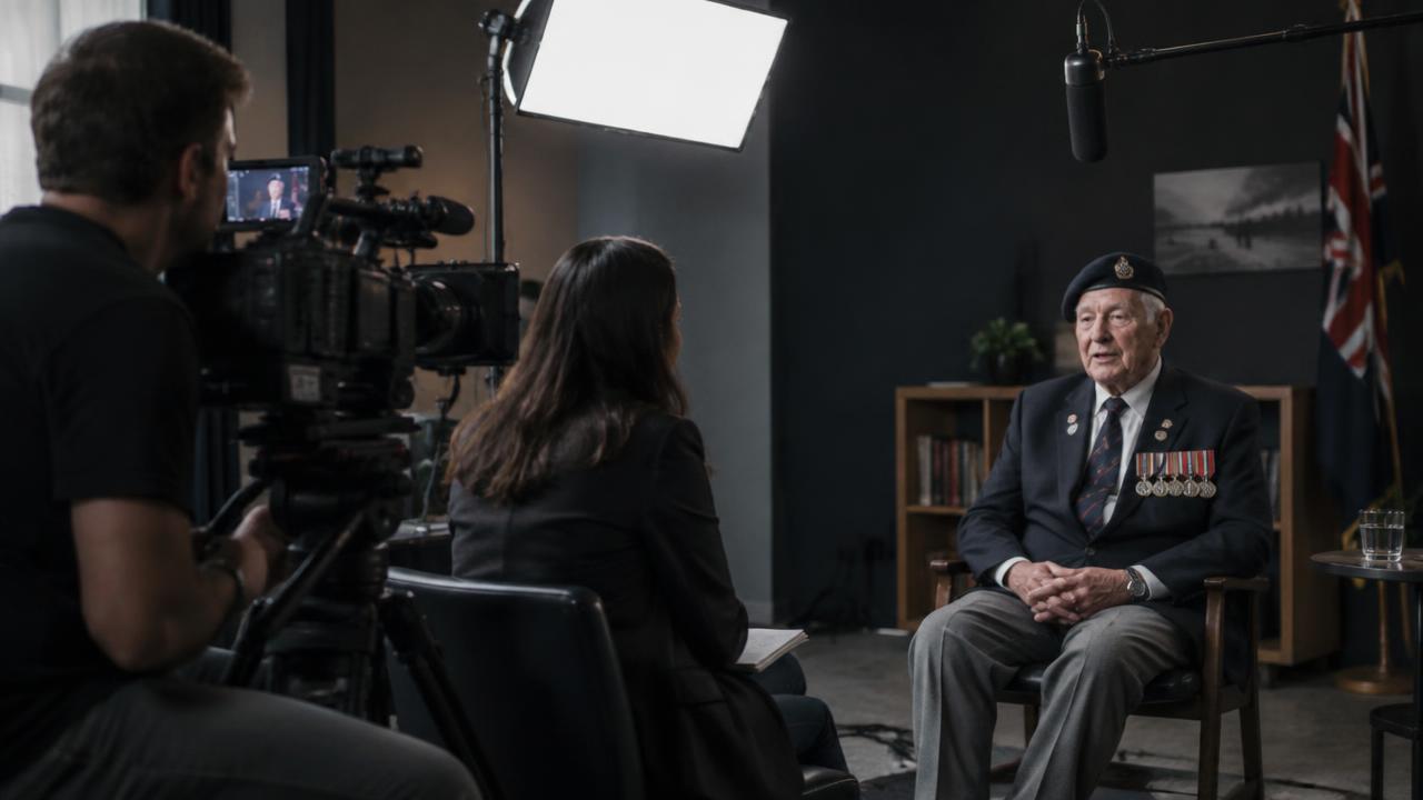 Film crew interviewing a veteran